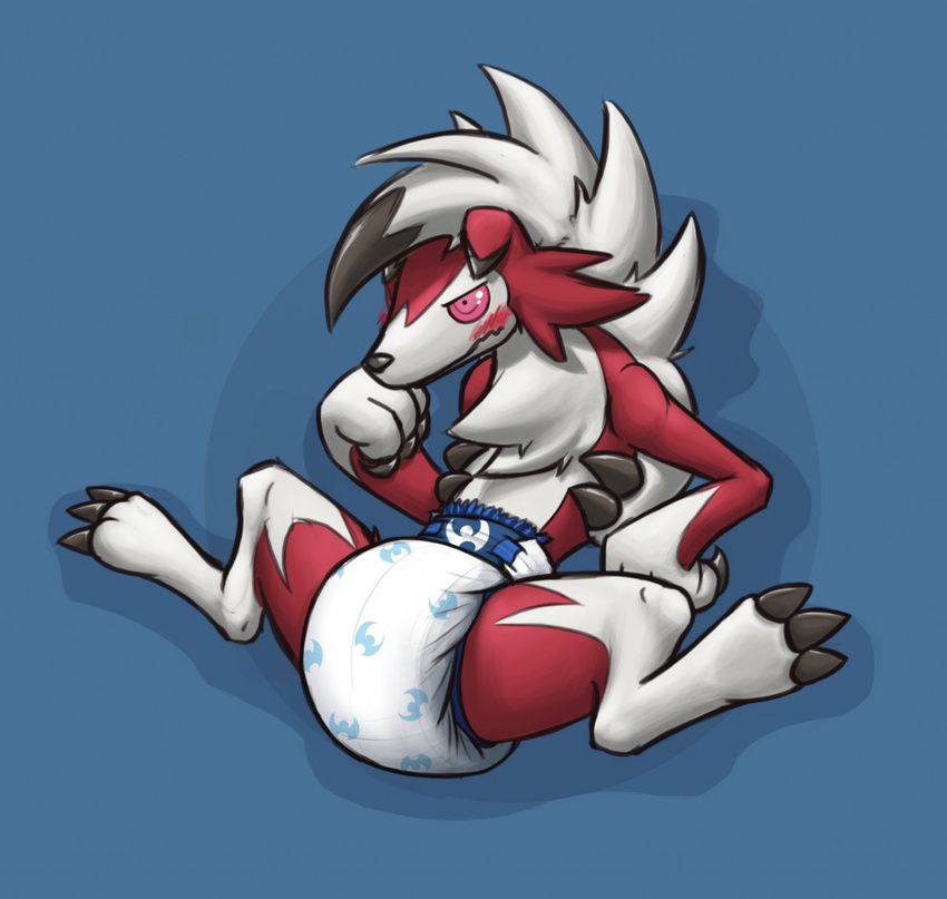 ambiguous_gender blush claws diaper feral fur ire-k lycanroc midnight_lycanroc nintendo paws pok&eacute;mon red_eyes red_fur simple_background sitting solo video_games white_fur