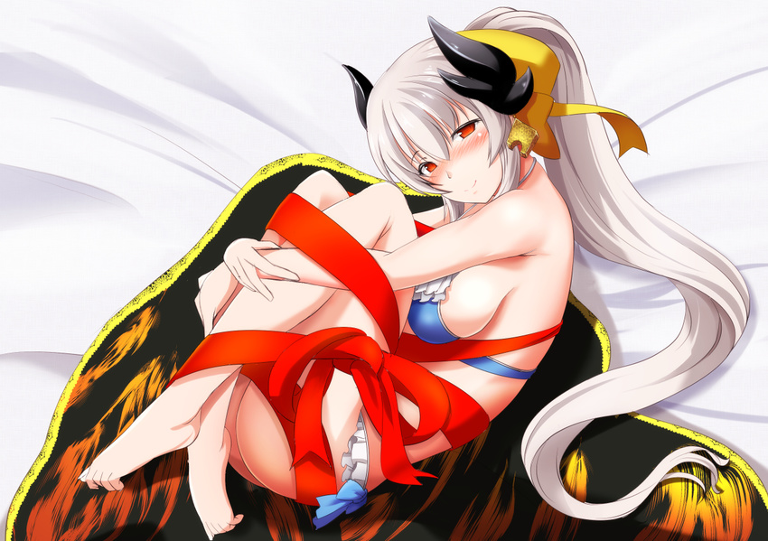 barefoot bikini blush bol_(liliymimi) breasts fate/grand_order fate_(series) feet horns kiyohime_(fate/grand_order) kiyohime_(swimsuit_lancer)_(fate) leg_hug long_hair looking_at_viewer medium_breasts ponytail raised_eyebrow red_eyes ribbon sideboob silver_hair smile solo swimsuit thighs very_long_hair