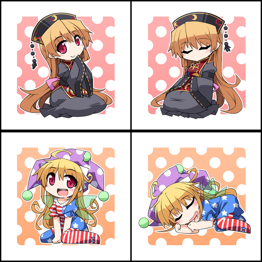 american_flag_dress american_flag_legwear animal_ears black_dress blonde_hair blush chibi chinese_clothes closed_eyes clownpiece commentary_request dress fairy_wings hat hemogurobin_a1c highres jester_cap junko_(touhou) long_hair long_sleeves looking_at_viewer multiple_girls open_mouth pantyhose polka_dot pom_pom_(clothes) red_eyes ribbon saliva seiza short_dress sitting sleeping smile star star_print striped tabard touhou very_long_hair wariza wide_sleeves wings yellow_ribbon