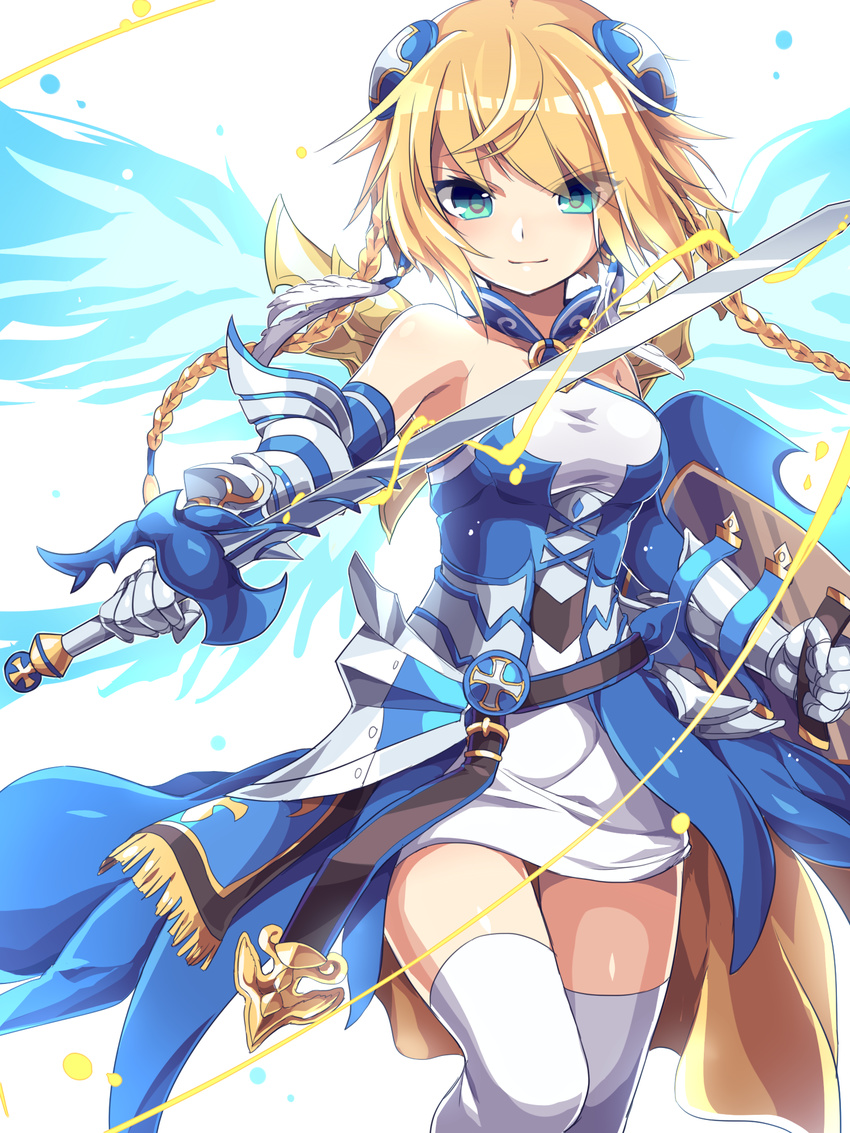 aqua_eyes bare_shoulders blonde_hair braid elbow_gloves gloves hair_ornament highres kozakura_(dictionary) puzzle_&amp;_dragons shield sword thighhighs twin_braids valkyrie_(p&amp;d) water_valkyrie_(p&amp;d) weapon wings