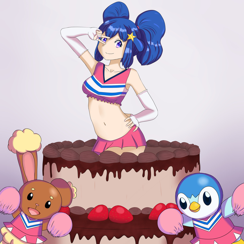 alternate_costume alternate_hairstyle bare_shoulders blue_eyes blue_hair buneary cake cheerleader closed_mouth clothed_pokemon collarbone crop_top elbow_gloves food fruit gen_4_pokemon gloves hair_ornament hairclip hand_on_hip highres hikari_(pokemon) long_hair looking_at_viewer navel nocunoct open_mouth piplup pokemon pokemon_(anime) pokemon_(creature) pom_poms simple_background skirt sleeveless smile strawberry v v_over_eye