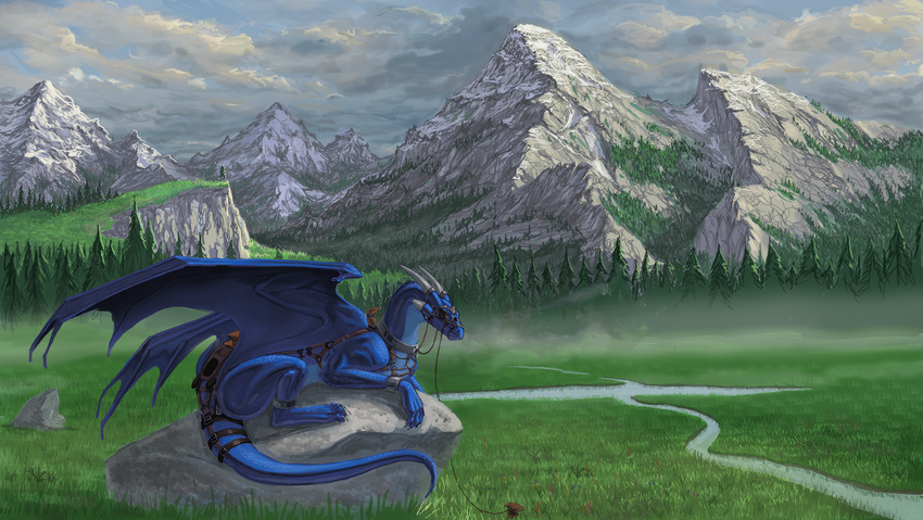 aaros_(artist) amazing_background ambiguous_gender blue_scales day detailed detailed_background dragon feral grass horn membranous_wings mountain outside rock scales sky smooth_horn solo tree wings