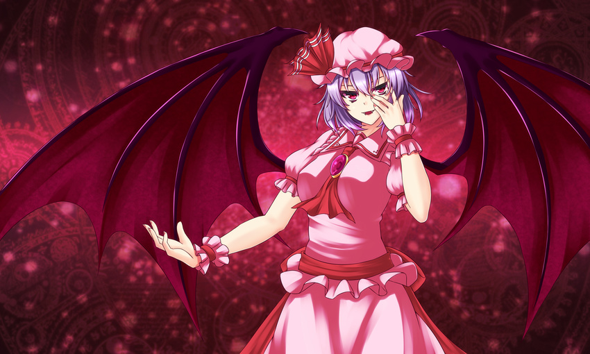 absurdres ascot bad_id bad_pixiv_id bat_wings breasts brooch commentary cowboy_shot fangs hat hat_ribbon highres jewelry large_breasts lavender_hair looking_at_viewer mob_cap older parted_lips pink_shirt pink_skirt puffy_short_sleeves puffy_sleeves red_eyes red_ribbon remilia_scarlet ribbon sash shirt short_hair short_sleeves skirt skirt_set smile solo touhou wings wrist_cuffs zeramu