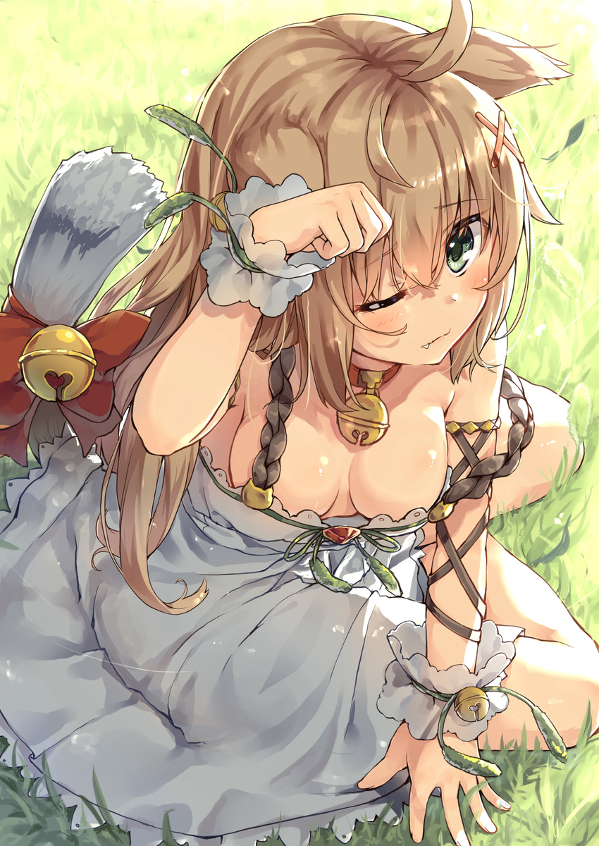 absurdres ahoge animal_ears bell bell_collar blonde_hair blush breasts breasts_apart cat_ears cat_tail cattail closed_mouth collar day dress enokorogusa_(flower_knight_girl) eyebrows eyebrows_visible_through_hair fang fang_out flower_knight_girl from_above grass green_eyes hair_between_eyes hair_ornament highres jingle_bell long_hair looking_at_viewer medium_breasts one_eye_closed outdoors paw_pose plant ribbon ruma_imaginary sitting sleeveless sleeveless_dress small_breasts solo strap_slip tail tail_bell tail_ribbon wrist_cuffs x_hair_ornament yokozuwari