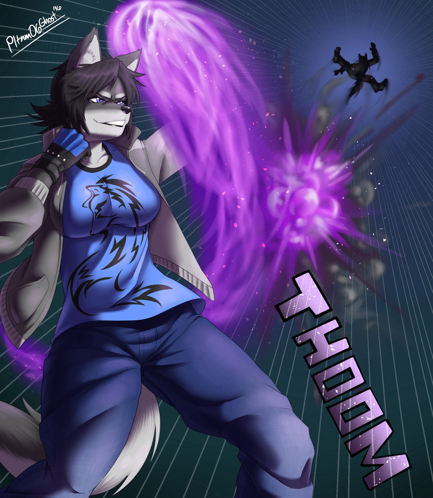 anon anthro black_nose blue_eyes canine clothing digital_media_(artwork) explosion female fight fire fur gloves grey_fur grin hair hi_res jacket jeans mammal mature_female pants pltnm06ghost punch randochris shirt simple_background superpowers suzanne_hayabusa t-shirt text wolf