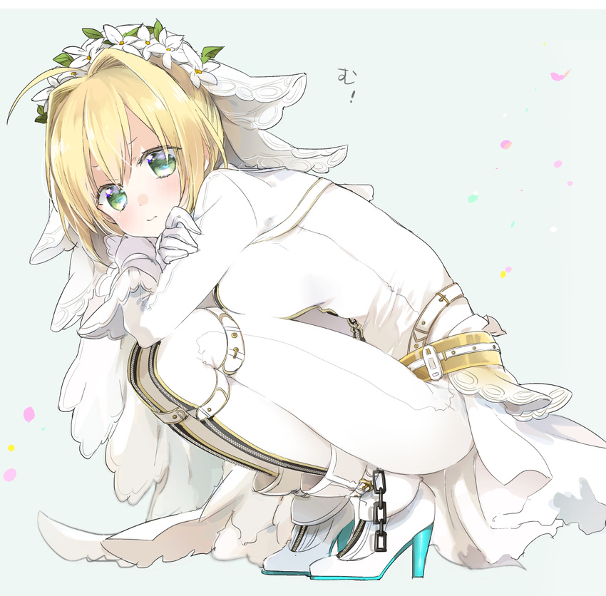 ahoge ankle_boots bangs belt blonde_hair blush bodysuit boots breasts bridal_veil chain closed_mouth crossed_arms dress eyelashes fate/extra fate/extra_ccc fate_(series) flower from_side full_body gloves green_eyes hair_flower hair_ornament head_wreath high_heel_boots high_heels highres large_breasts leaning_forward leg_hug long_sleeves looking_at_viewer md5_mismatch nero_claudius_(bride)_(fate) nero_claudius_(fate)_(all) petals pout revision simple_background sino_(sionori) skin_tight solo squatting thigh_strap thighhighs translation_request veil waist_cape white_bodysuit white_dress white_flower white_footwear white_gloves white_legwear zipper