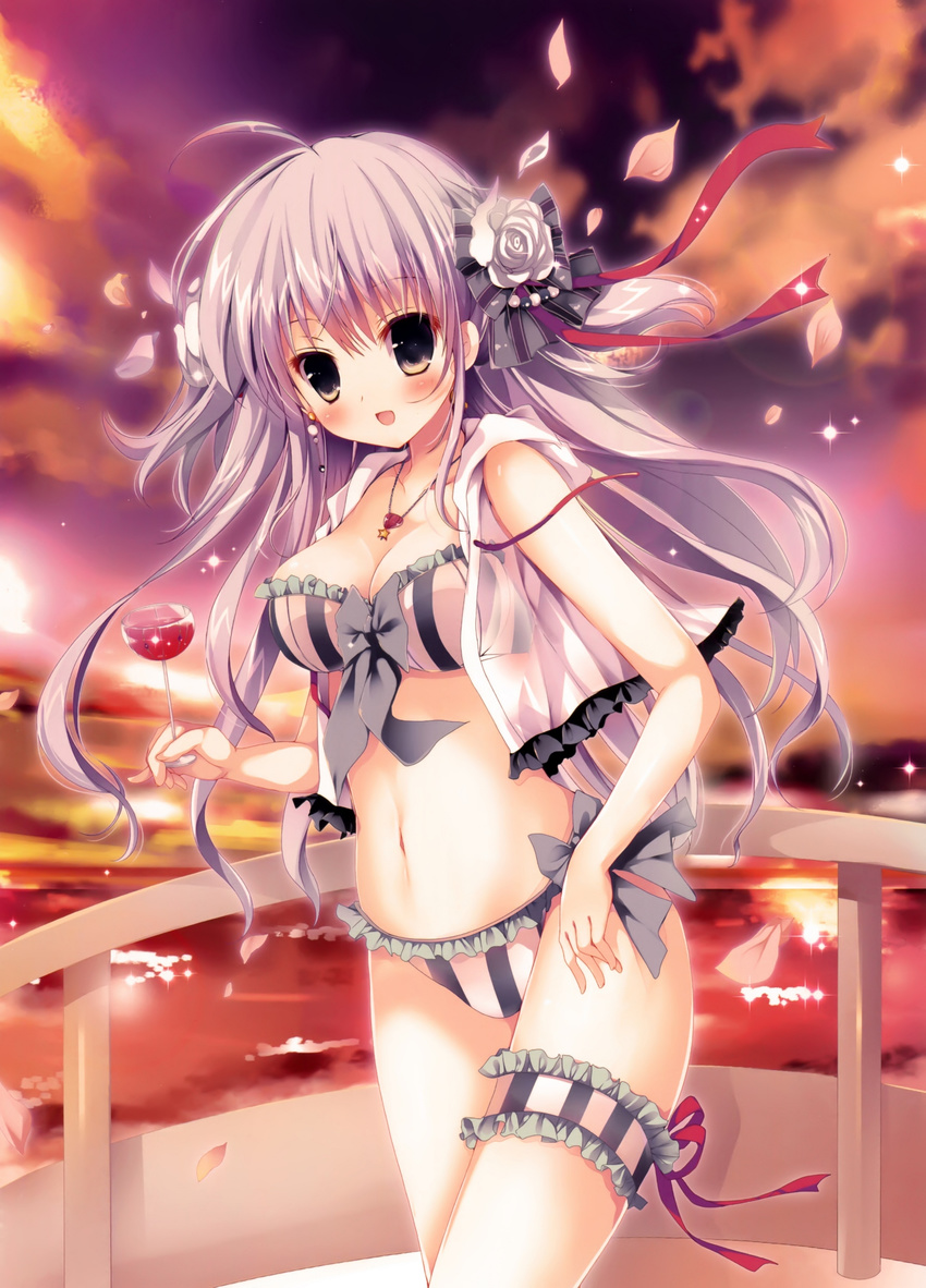absurdres ahoge bikini black_eyes breasts cleavage cup earrings flower frilled_bikini frills grey_hair hair_flower hair_ornament highres holding holding_cup jewelry long_hair medium_breasts mizusawa_mimori navel necklace open_clothes open_mouth open_shirt original outdoors petals red_ribbon ribbon shirt solo star star_necklace strapless strapless_bikini striped striped_bikini striped_ribbon swimsuit thigh_strap white_flower white_shirt