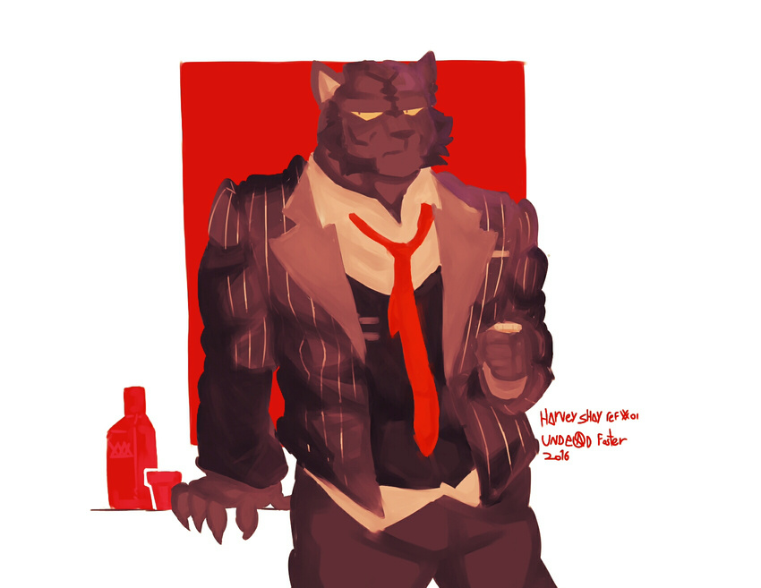 abs alcohol anthro armpits beer beverage biceps black_fur celshading clotching clothed clothing feline fur hair hi_res legwear lineless looking_at_viewer male mammal minimal muscular muscular_male necktie panther pecs simple_background slightly_chubby solo suit tiger traditional_media_(artwork) watercolor_(artwork) wear whiskey