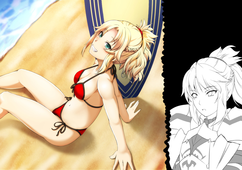 beach bikini blonde_hair bol_(liliymimi) breasts clarent cleavage fate/apocrypha fate/grand_order fate_(series) green_eyes grin long_hair looking_at_viewer medium_breasts mordred_(fate) mordred_(fate)_(all) mordred_(swimsuit_rider)_(fate) navel ponytail prydwen red_bikini sand side-tie_bikini smile surfboard swimsuit thighs