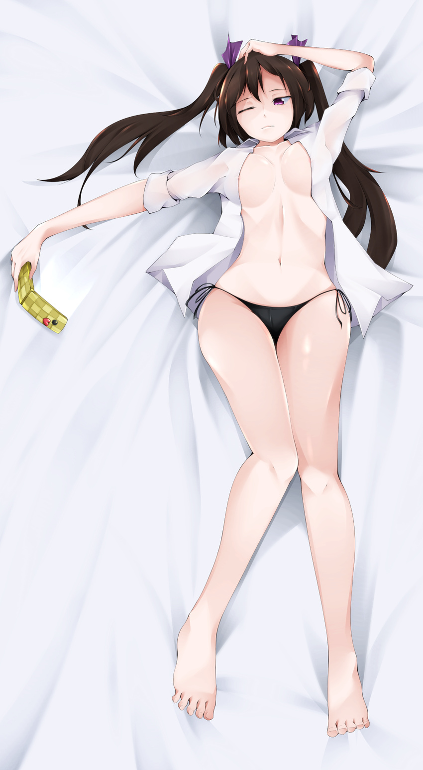 black_panties breasts brown_hair cellphone collared_shirt full_body hair_ribbon hand_in_hair highres himekaidou_hatate hips holding holding_cellphone holding_phone knees_together_feet_apart legs light_frown long_sleeves looking_to_the_side lying medium_breasts navel nipple_slip nipples no_pants on_back on_bed one_eye_closed open_clothes open_shirt outstretched_arm panties phone purple_eyes ribbon shiny shiny_hair shiny_skin shirt short_hair shou_(ahiru_shinobu) sleeves_rolled_up solo stomach string_panties thighs toes touhou twintails underwear white_shirt wide_hips