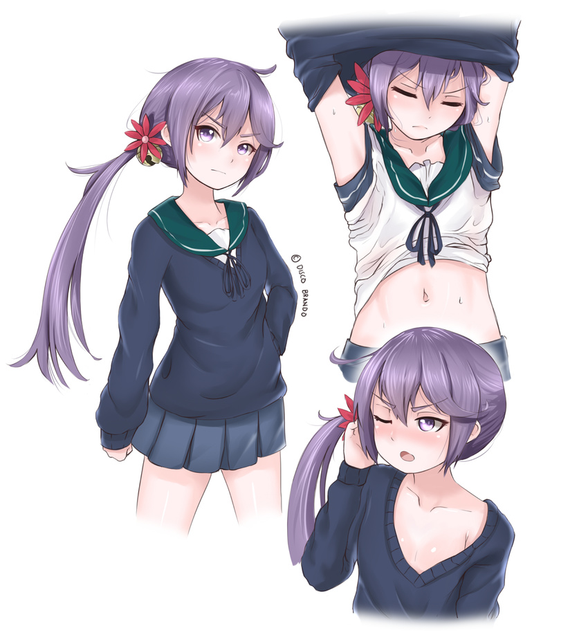 akebono_(kantai_collection) arm_at_side arms_up artist_name bell bow cardigan closed_eyes collarbone contrapposto disco_brando flower hair_bell hair_between_eyes hair_bow hair_flower hair_ornament hand_on_hip highres jingle_bell kantai_collection long_hair miniskirt multiple_views naked_cardigan navel one_eye_closed pleated_skirt purple_eyes purple_hair purple_sweater sailor_collar school_uniform serafuku serious side_ponytail skirt standing sweater tsurime undressing upper_body very_long_hair