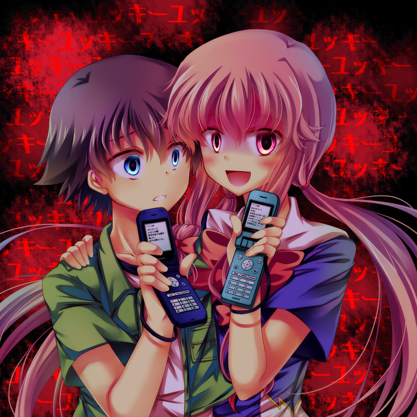 1girl :d amano_yukiteru black_hair blue_eyes blush cellphone closed_mouth commentary_request couple floral_background gasai_yuno hetero highres long_hair looking_at_viewer low_twintails mirai_nikki nobuda open_clothes open_mouth open_shirt phone pink_eyes pink_hair shirt short_hair short_sleeves smile translated twintails upper_body yandere