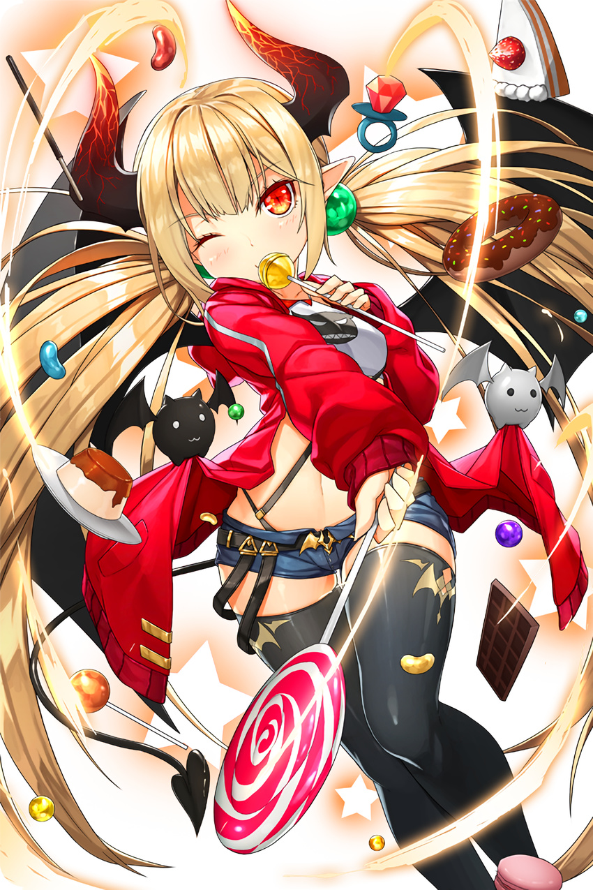 artist_request bat black_legwear blonde_hair candy chocolate_bar demon_horns demon_tail doughnut food fruit hair_bobbles hair_ornament highres horns jacket jawbreakers jelly_bean lollipop long_hair looking_at_viewer navel official_art one_eye_closed pocky pointy_ears pudding red_eyes renee_(soccer_spirits) ring_pop shorts slashing slice_of_pie smile soccer_spirits solo standing star strawberry tail thighhighs transparent_background twintails