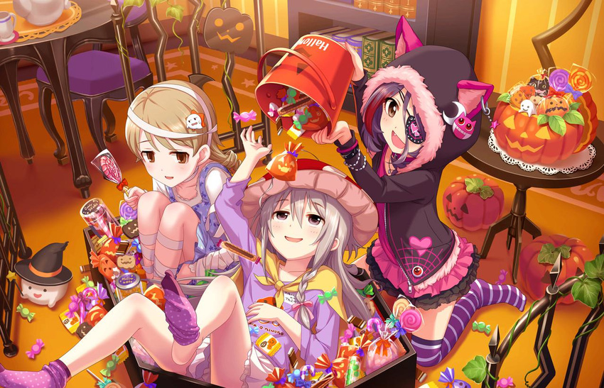 artist_request candy casket eyepatch fang food hair_between_eyes halloween hand_on_own_stomach hat hayasaka_mirei hood hooded_jacket hoodie hoshi_shouko idolmaster idolmaster_cinderella_girls idolmaster_cinderella_girls_starlight_stage in_container individuals jack-o'-lantern jacket lollipop long_hair morikubo_nono multiple_girls mushroom_hat no_shoes official_art polka_dot polka_dot_legwear smile striped striped_legwear thighhighs