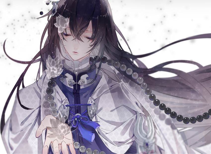 beads closed_eyes eyeshadow flower japanese_clothes juzumaru_tsunetsugu lips long_hair makeup male_focus outstretched_hand solo tassel touken_ranbu upper_body very_long_hair wind wind_lift xiayu93