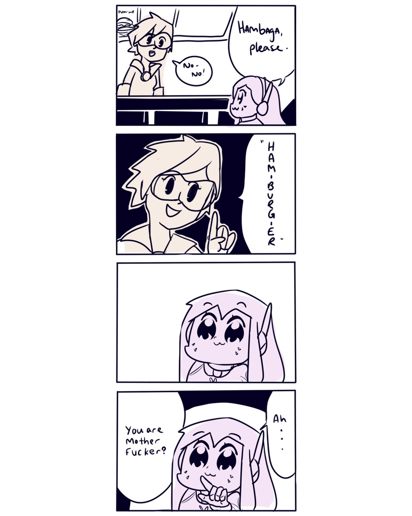 4koma :3 :d bkub_(style) bodysuit child comic d.va_(gremlin) d.va_(overwatch) derivative_work english engrish eyebrows eyebrows_visible_through_hair facepaint facial_mark from_side glasses hard_translated headgear headphones highres index_finger_raised long_hair multiple_girls open_mouth overwatch parody pilot_suit pointing poptepipic popuko profile ranguage short_hair shoulder_pads smile speech_bubble talking text_focus upper_body whisker_markings younger