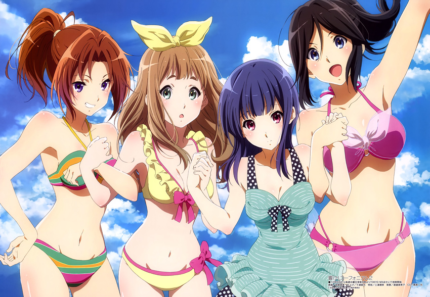 :d :o absurdres arm_up bikini black_hair blue_eyes blue_hair bow breasts brown_hair cleavage cloud day green_eyes groin hair_bow hibike!_euphonium highres iwasaki_nami kasaki_nozomi medium_breasts megami multiple_girls nakagawa_natsuki navel o-ring o-ring_bottom o-ring_top official_art open_mouth ponytail purple_eyes red_eyes sky smile swimsuit yoroizuka_mizore yoshikawa_yuuko