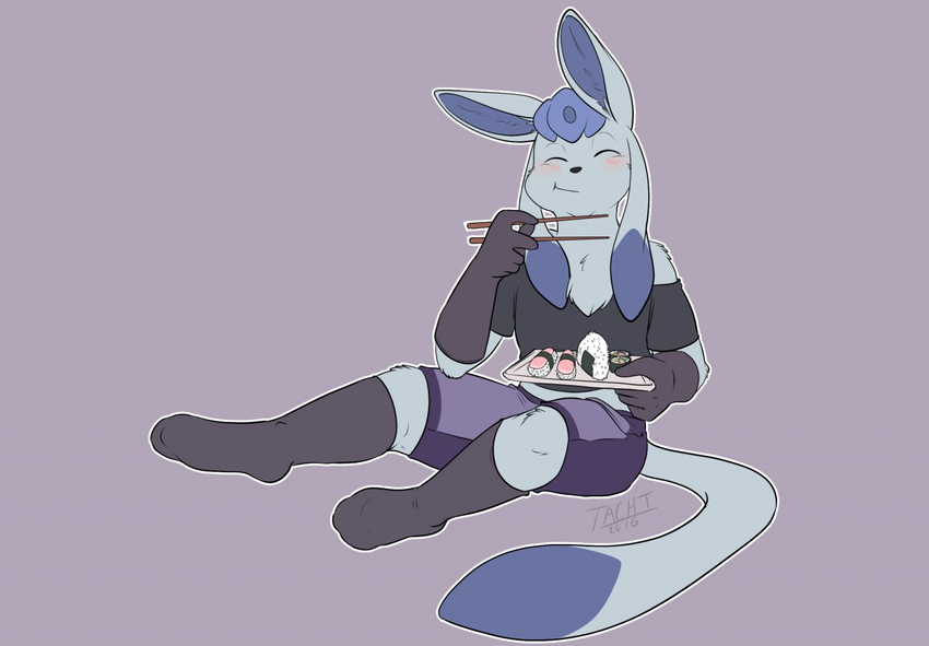 absol anthro anthrofied canine chopstick clothed clothing eating eeveelution eyes_closed fan_character flat_colors food front_view fully_clothed glaceon holding_food holding_object kaptcha long_ears male mammal nintendo pok&eacute;mon signature sitting smile solo sushi video_games xirroq