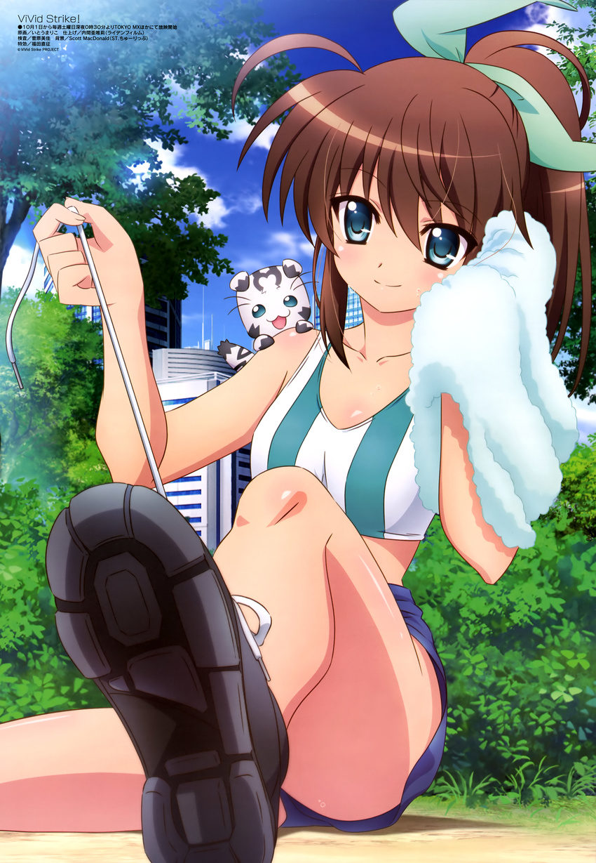 :3 absurdres bare_shoulders blue_eyes blush body_blush brown_hair building bush cat city cloud collarbone day fuuka_reventon hair_ribbon highres huracan_(vivid_strike!) itou_mariko long_hair lyrical_nanoha magazine_scan megami official_art ponytail ribbon scan shiny shiny_hair shoes shorts sidelocks sitting sky smile solo sports_bra sweat towel tree tying_shoes vivid_strike!