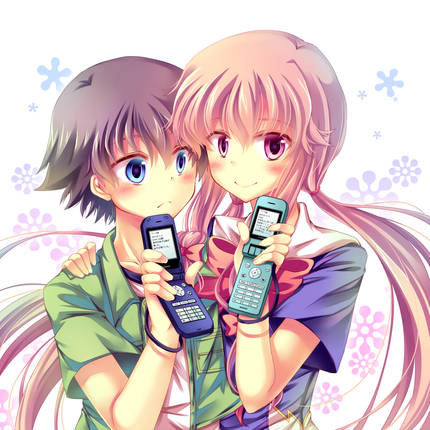 1girl amano_yukiteru black_hair blue_eyes blush cellphone closed_mouth commentary_request couple floral_background gasai_yuno hetero highres long_hair looking_at_viewer low_twintails mirai_nikki nobuda open_clothes open_shirt phone pink_eyes pink_hair shirt short_hair short_sleeves smile twintails upper_body