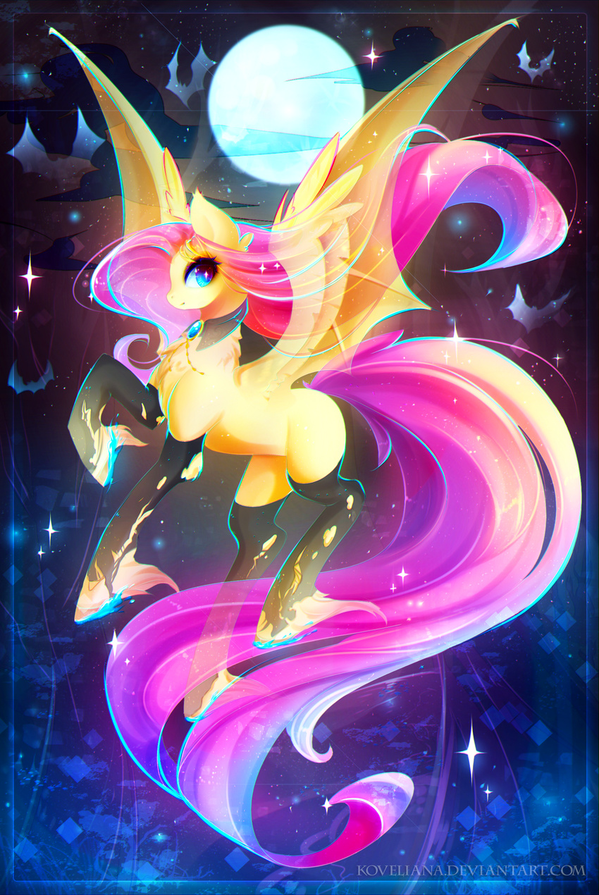 blue_eyes eyelashes female feral flutterbat_(mlp) fluttershy_(mlp) flying friendship_is_magic hair hooves koveliana mammal membranous_wings moon my_little_pony pink_hair solo wings