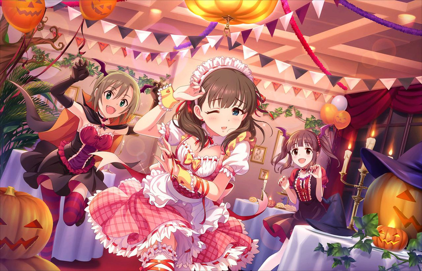 :d ;d artist_request balloon brown_hair cape claw_pose eating elbow_gloves fangs garter_straps gloves green_eyes halloween halloween_costume head_wings idolmaster idolmaster_cinderella_girls idolmaster_cinderella_girls_starlight_stage jack-o'-lantern jewelry lens_flare long_hair multiple_girls nail_polish official_art ogata_chieri one_eye_closed open_mouth party sakuma_mayu short_hair smile sparkle string_of_flags striped striped_legwear table tada_riina thighhighs twintails vampire_costume wrist_cuffs