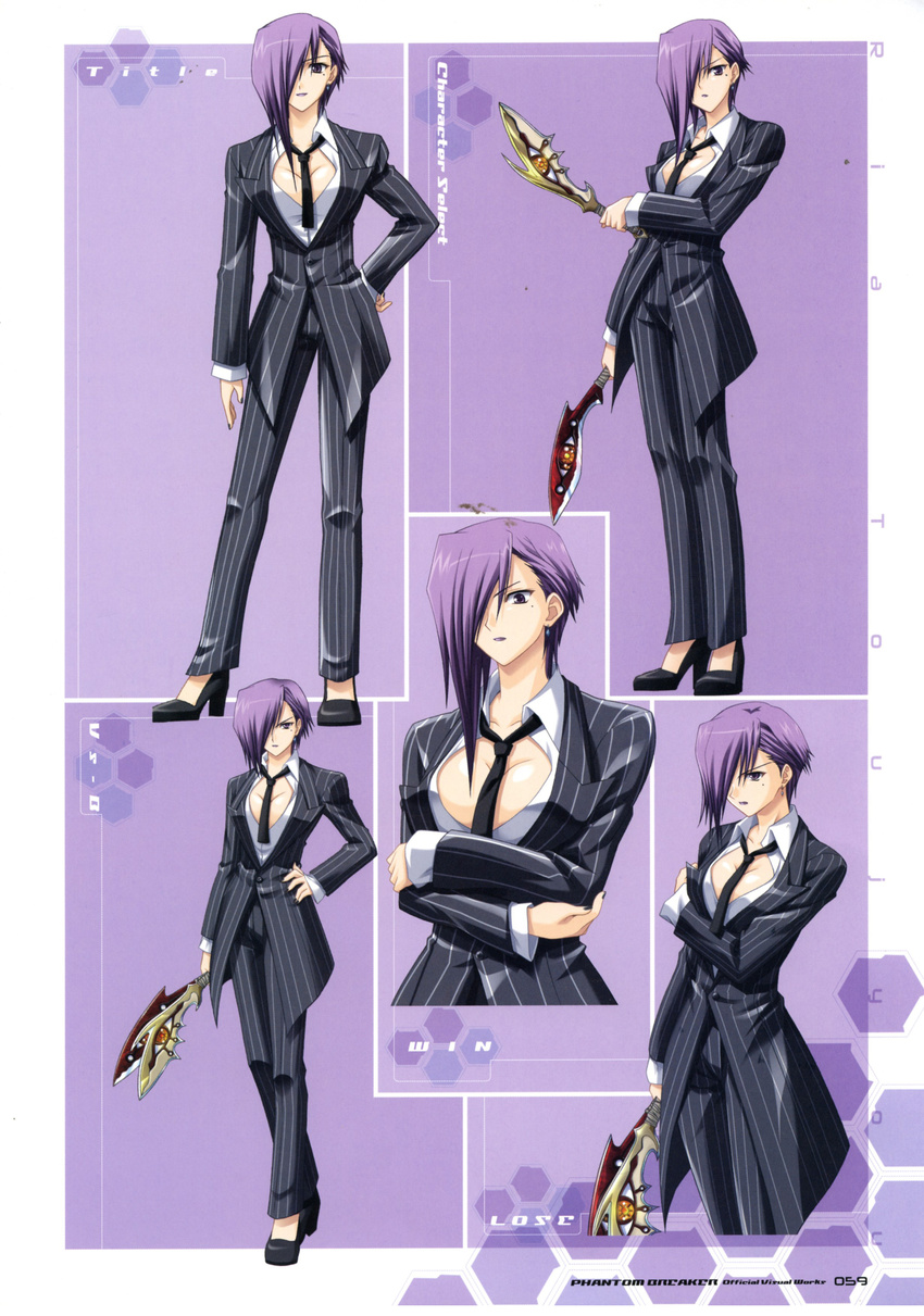 absurdres between_breasts breasts character_sheet cleavage dual_wielding earrings formal full_body hair_over_one_eye hand_on_hip highres holding jewelry knife kukri large_breasts lips lipstick looking_at_viewer makeup mole mole_under_eye multiple_views necktie necktie_between_breasts non-web_source phantom_breaker pinstripe_suit purple_eyes short_hair simple_background smile standing striped suit suzuhira_hiro sword toujou_ria weapon