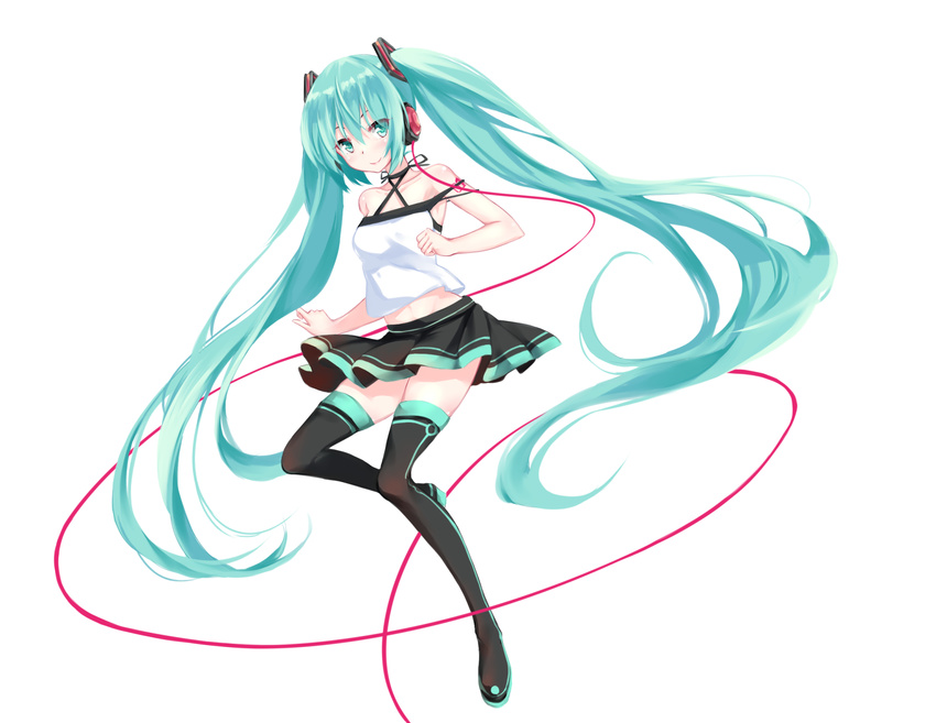 black_footwear black_legwear blue_eyes blue_hair boots full_body hatsune_miku headphones highres long_hair looking_at_viewer skirt smile solo thigh_boots thighhighs ttnap twintails vocaloid white_background