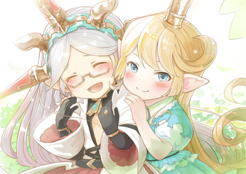 2girls :d ^_^ black_gloves blonde_hair blue_eyes blush bracelet charlotta_fenia closed_eyes commentary_request crown dress elbow_gloves eyes_closed facing_viewer glasses gloves granblue_fantasy green_dress hairband hands_on_another's_shoulders happy harvin jewelry long_hair looking_at_viewer multiple_girls open_mouth pointy_ears puffy_short_sleeves puffy_sleeves ring semi-rimless_eyewear short_sleeves silver_hair smile under-rim_eyewear very_long_hair walkalone wide_sleeves zahlhamelina