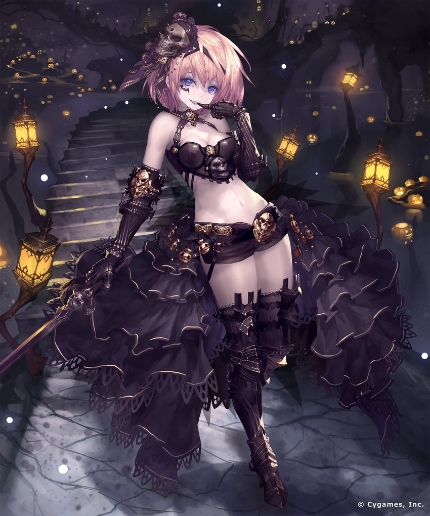 absurdres armor armored_boots bangs black_gloves black_legwear blonde_hair blue_eyes boots breasts bustier cleavage company_name dark_background elbow_gloves finger_to_mouth full_body gauntlets gloves greaves grin hair_ornament halloween head_tilt highres holding holding_sword holding_weapon jack-o'-lantern lantern midriff navel night outdoors pale_skin shingeki_no_bahamut short_hair short_shorts shorts showgirl_skirt skull skull_hair_ornament small_breasts smile solo stairs standing sword tachikawa_mushimaro tattoo thighhighs weapon