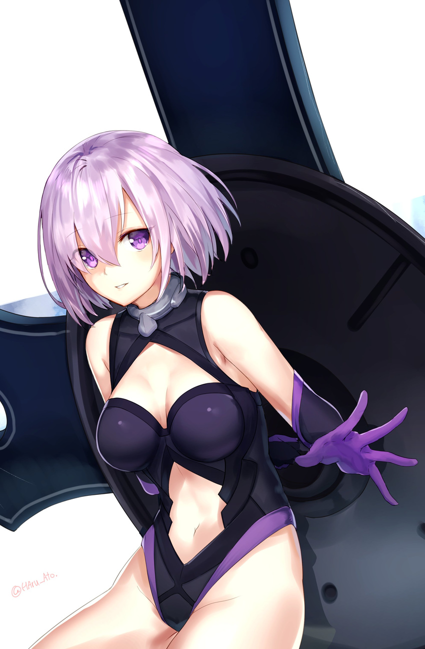 absurdres arm_behind_back bangs black_leotard breasts breasts_apart cleavage cleavage_cutout cowboy_shot elbow_gloves eyebrows eyebrows_visible_through_hair eyes_visible_through_hair fate/grand_order fate_(series) from_side gloves gorget grin groin hair_between_eyes halterneck haruato highleg highleg_leotard highres holding holding_shield lavender_hair leaning_forward legs_together leotard mash_kyrielight medium_breasts navel navel_cutout parted_bangs parted_lips purple_eyes purple_gloves shield short_hair simple_background smile solo turtleneck twitter_username white_background