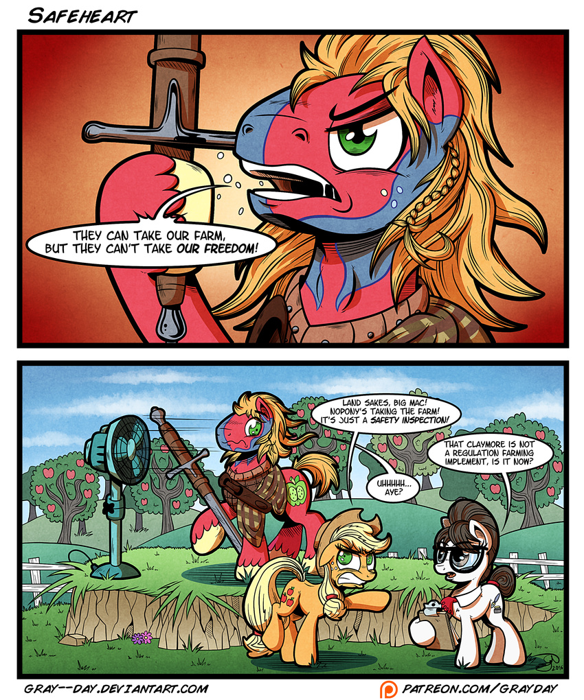 2016 applejack_(mlp) big_macintosh_(mlp) claymore_sword dialogue english_text equine fan_(disambiguation) friendship_is_magic gray--day horse mammal mechanical_fan melee_weapon my_little_pony pony raven_(mlp) rotary_fan sword text weapon