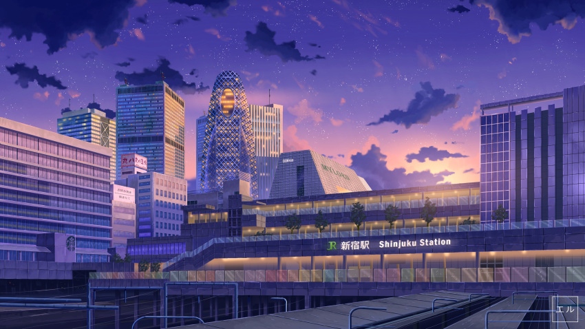 artist_name building cable city cityscape cloud commentary english_text eru_(erutwd) evening highres light no_humans original scenery shinjuku_(tokyo) star_(sky) tokyo_(city) train_station twilight