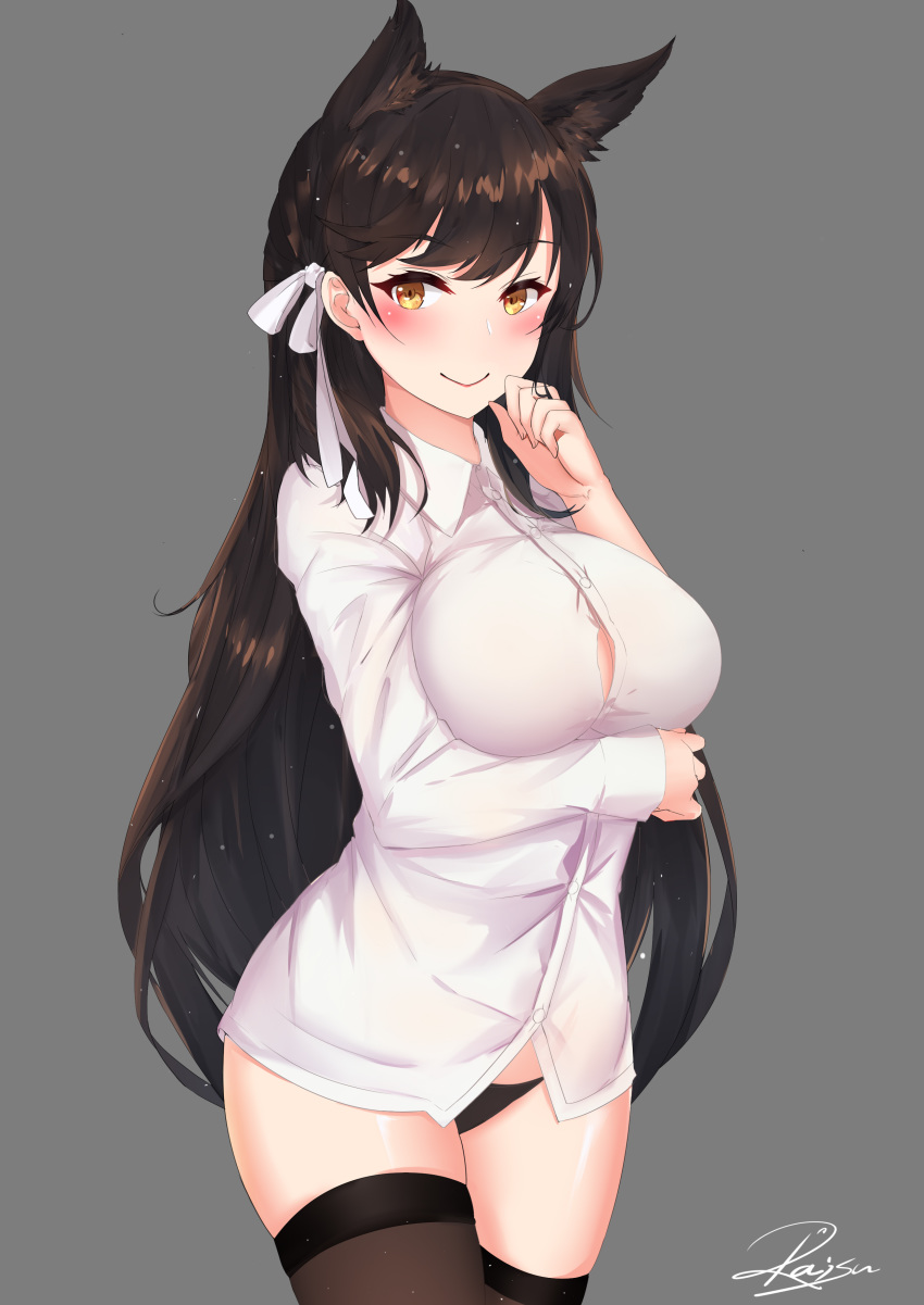 1girl absurdres animal_ears arm_under_breasts atago_(azur_lane) azur_lane bangs black_hair black_legwear black_panties blush breasts brown_eyes closed_mouth collared_shirt commentary extra_ears eyebrows_visible_through_hair hair_ribbon hand_up highres large_breasts long_hair looking_at_viewer mole mole_under_eye panties ribbon shirt signature skindentation smile solo swept_bangs thighhighs underwear white_ribbon white_shirt xiao_dao_jun