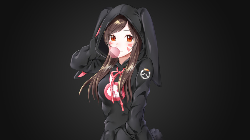 animal_ears black brown_hair bubblegum bunny_ears d.va girl hoodie long_hair orange_eyes overwatch tail