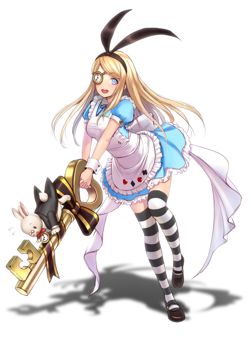:d alice_(wonderland) alice_in_wonderland apron bangs black_footwear black_jacket black_ribbon blonde_hair blue_dress blue_eyes blush bow breasts bunny club_(shape) diamond_(shape) dress eyebrows eyebrows_visible_through_hair flying_sweatdrops frilled_apron frills full_body glasses hairband heart highres holding interlocked_fingers jacket key long_hair looking_at_viewer mary_janes medium_breasts one_eye_covered open_mouth original oversized_object pince-nez pocket_watch puffy_short_sleeves puffy_sleeves red_bow red_eyes ribbon shadow shimashima08123 shoes short_sleeves smile spade_(shape) standing standing_on_one_leg striped striped_bow striped_legwear swept_bangs tailcoat thighhighs v_arms watch white_apron white_background white_bow white_rabbit wrist_cuffs