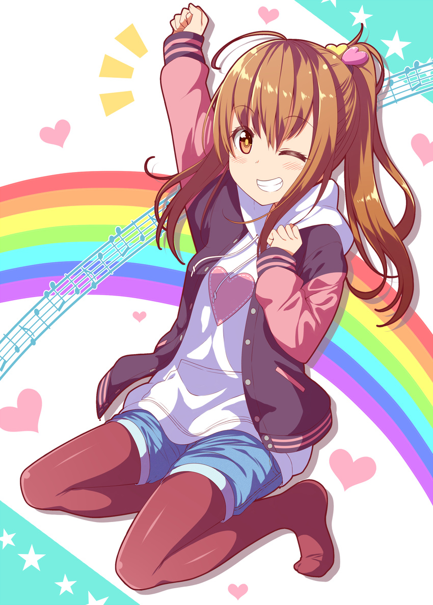 ahoge blue_shorts blush brown_eyes brown_hair brown_legwear character_request clenched_teeth eyebrows eyebrows_visible_through_hair gurande_(g-size) hand_up heart heart_background highres hood hood_down hoodie jacket legwear_under_shorts letterman_jacket long_hair looking_at_viewer no_shoes notes one_eye_closed open_clothes open_hoodie original pantyhose pantyhose_under_shorts ponytail pullover rainbow shorts sidelocks sitting solo teeth