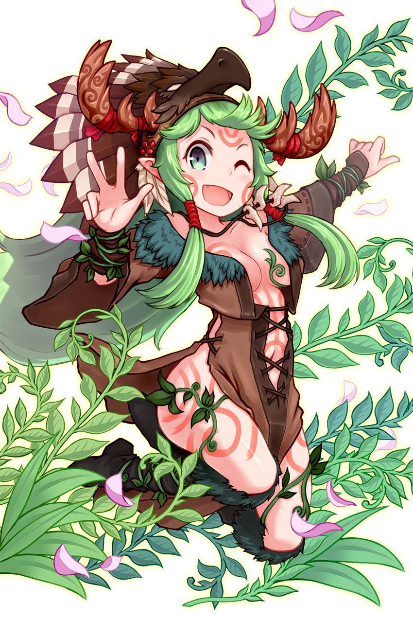 :d antlers black_footwear black_legwear boots breasts cleavage fang feathers foxfoot green_hair hair_feathers hair_tubes headdress highres medium_breasts no_bra no_panties official_art one_eye_closed open_mouth petals plant pointy_ears shanti_(soccer_spirits) smile soccer_spirits solo tattoo tooth_necklace transparent_background twintails