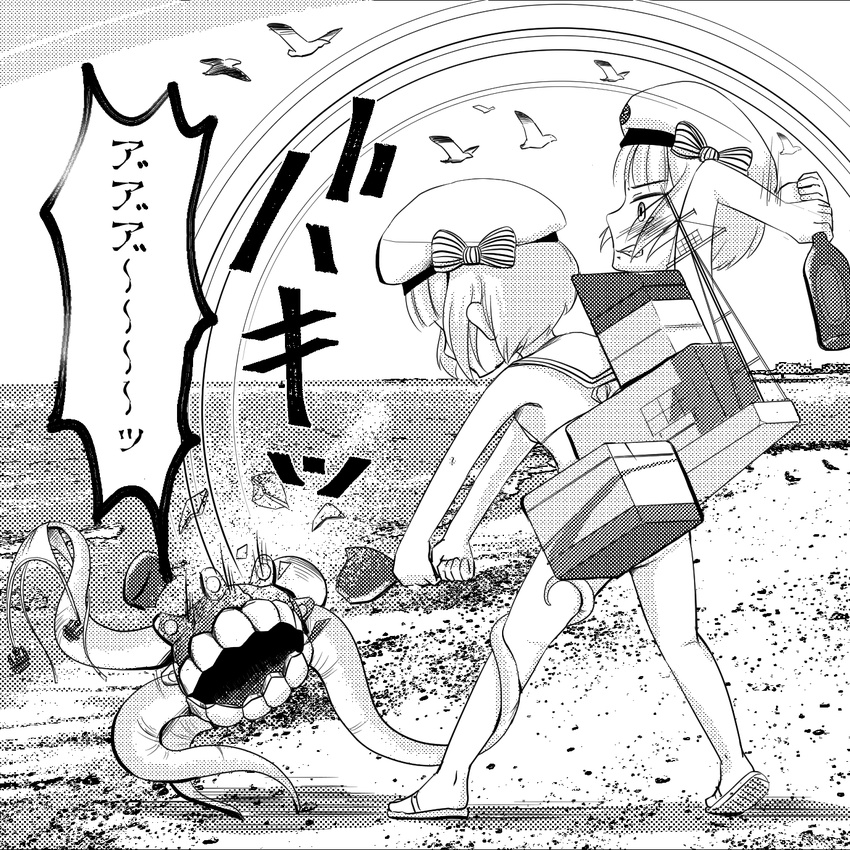 adapted_costume bikini bird bottle bow enemy_naval_mine_(kantai_collection) golden_kamuy greyscale hat hat_bow highres horoyuki_(gumizoku) kantai_collection monochrome outdoors parody sailor_bikini sailor_collar sailor_hat seagull shinkaisei-kan short_hair side-tie_bikini swimsuit tentacles translated white_hat z3_max_schultz_(kantai_collection)