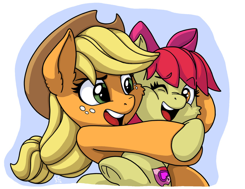 2016 apple_bloom_(mlp) applejack_(mlp) duo equine female freckles friendship_is_magic horse hug latecustomer mammal my_little_pony pony sibling sisters