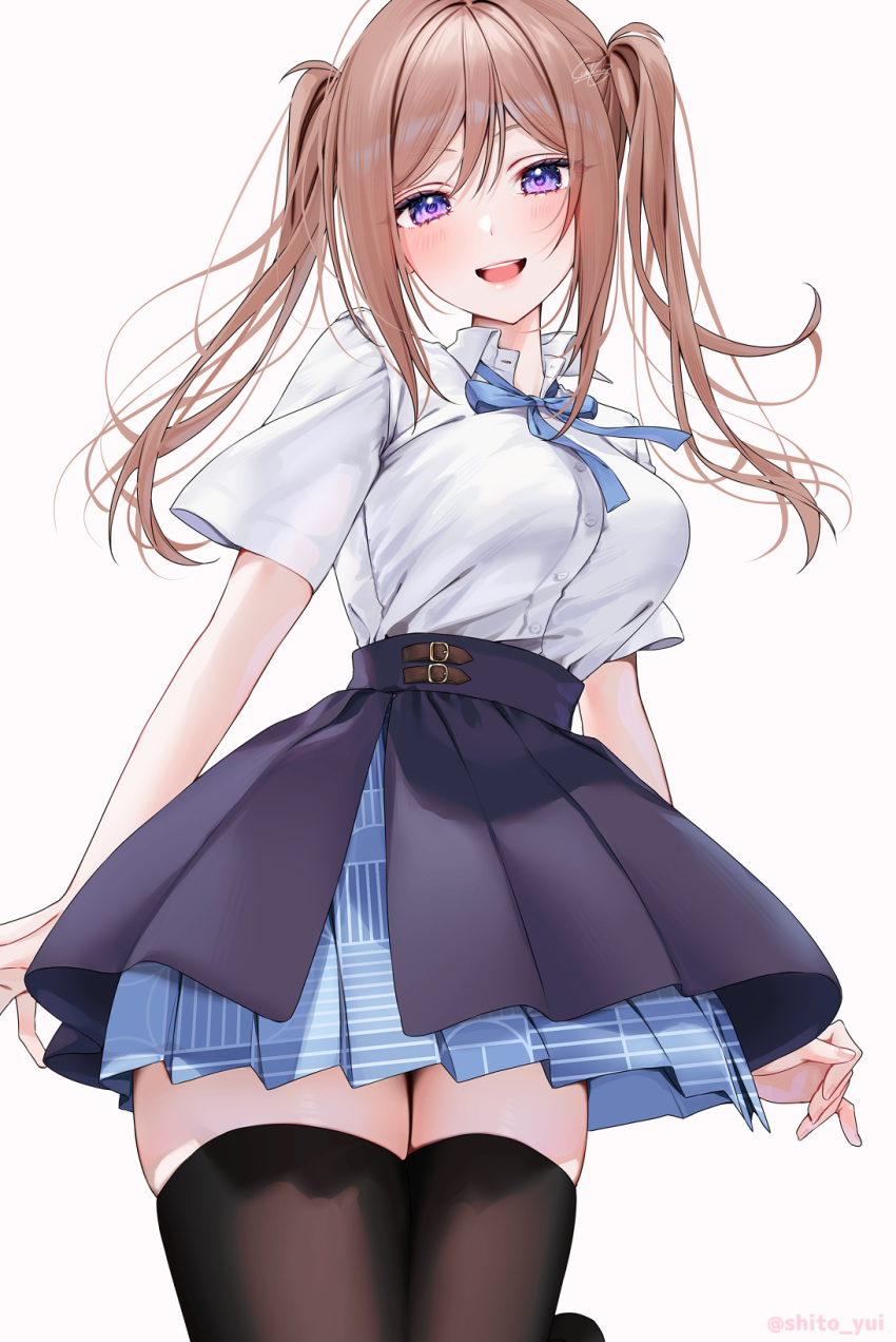 1girl alternate_hairstyle black_thighhighs blue_overskirt blue_ribbon blue_skirt breasts brown_hair commentary_request fingernails gakuen_idolmaster hatsuboshi_gakuen_school_uniform highres himesaki_rinami idolmaster long_hair looking_at_viewer medium_breasts neck_ribbon purple_eyes ribbon school_uniform shirt shirt_tucked_in short_sleeves simple_background skindentation skirt solo thighhighs twintails twitter_username very_long_hair white_background white_shirt yuuyu_(moco20111115) zettai_ryouiki
