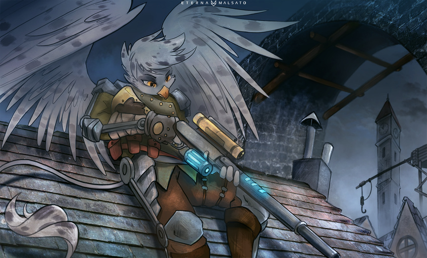 5_fingers anthro avian beak clothed clothing detailed_background feathered_wings feathers grey_feathers grey_hair gryphon gun hair holding_object holding_weapon night outside ranged_weapon solo weapon wings yellow_beak yellow_eyes zero-sum