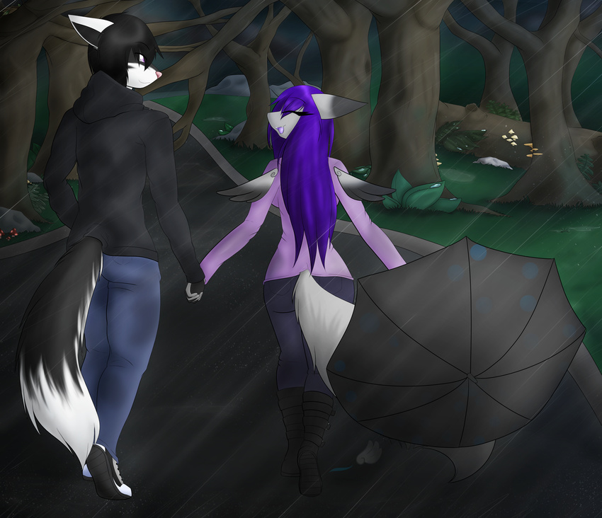 absurd_res anthro black_fur black_hair breasts canine clothed clothing cute detailed_background digital_media_(artwork) duo eyes_closed female fluffy forest fur grass hair hand_holding hi_res hoodie kijuro kixen male mammal markings multicolored_fur open_mouth outside pink_nose purple_eyes purple_hair raining rear_view smile sweater tree umbrella vixy(xwingedvixenx) walking water wet wet_fur wet_hair white_fur white_markings wings wolf xwingedvixenx