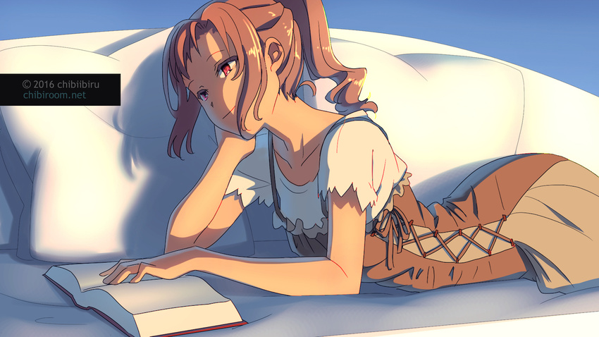 anime_coloring artist_name book brown_hair chibiibiru couch dress lying on_stomach original ponytail reading red_eyes solo watermark web_address