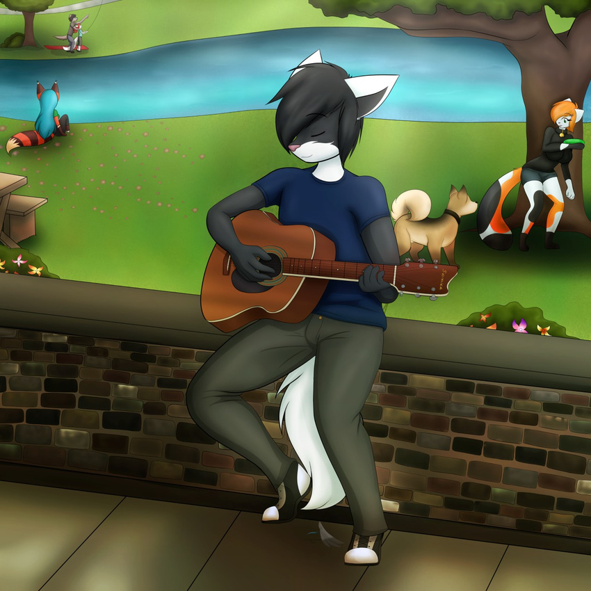 amai anthro bear bench black_fur blue_hair breasts brick canine clothed clothing collar cute detailed_background digital_media_(artwork) dog eyes_closed female fluffy fox frisbee fur guitar hair hi_res jael(xwingedvixenx) kijuro male male_focus mammal manekineko markings multicolored_fur musical_instrument open_mouth orange_hair outside panda park peaceful pink_nose red_hair river shoulder_length_hair sitting smile tree water white_markings wolf xwingedvixenx