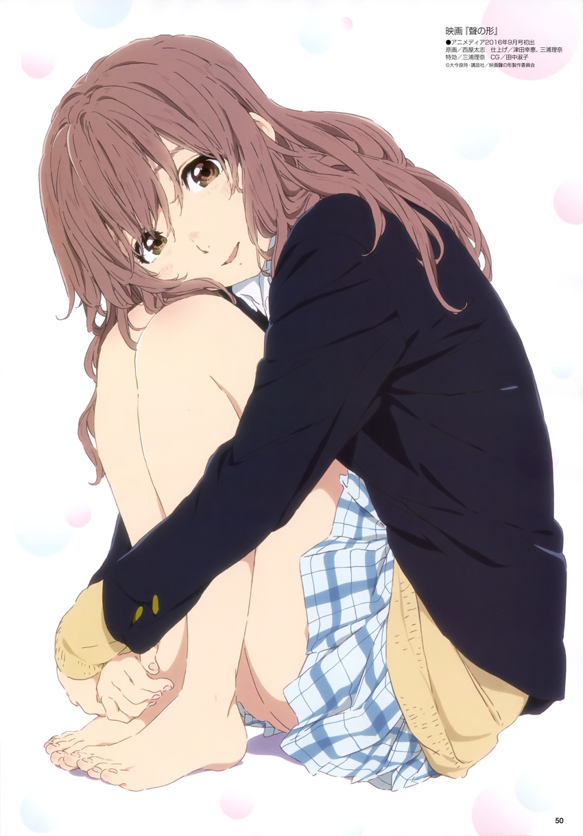 absurdres barefoot blazer blush brown_eyes brown_hair feet from_side highres jacket koe_no_katachi nishimiya_shouko nishiya_futoshi open_mouth scan school_uniform sitting skirt solo sweater