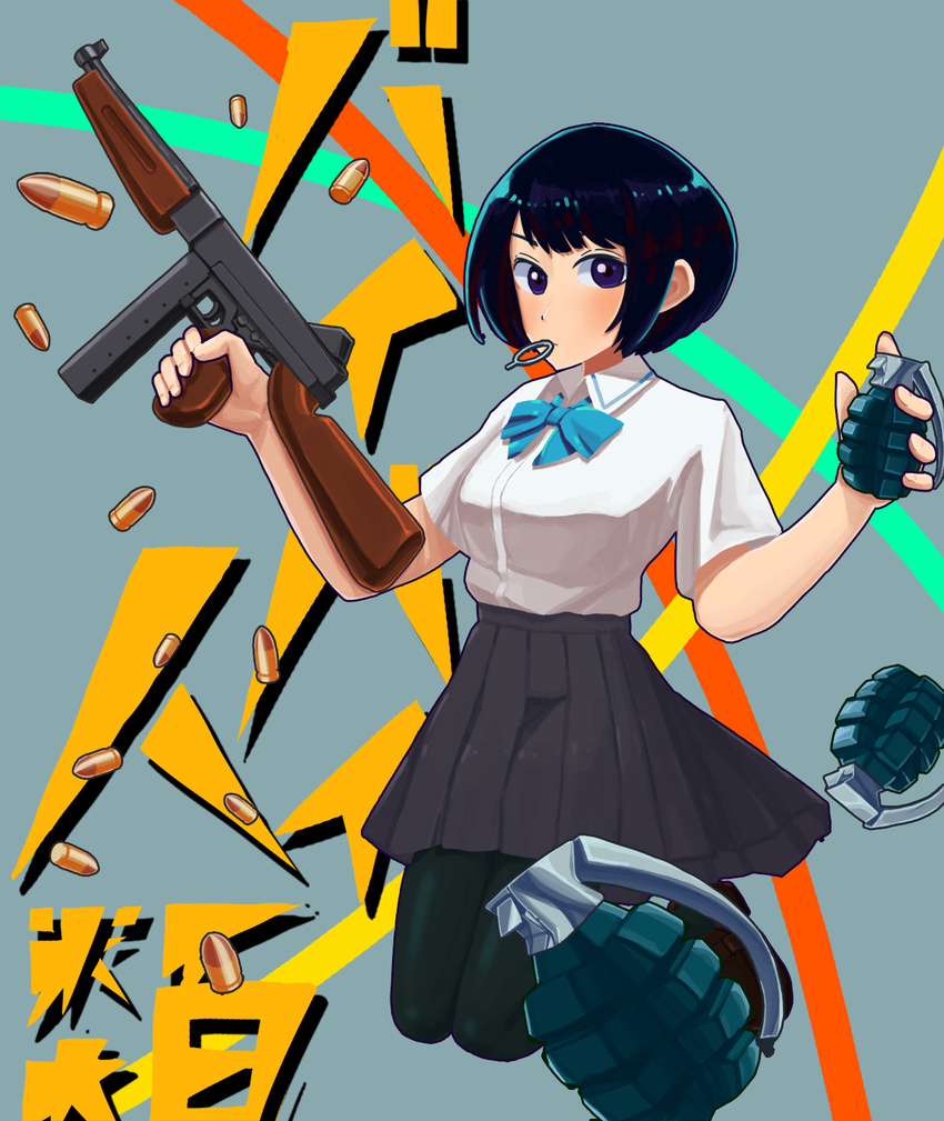 avril14the baibai_jinrui black_hair black_legwear bob_cut bullet explosive full_body grenade grenade_pin gun highres mayama_maya mole mole_under_eye pantyhose pleated_skirt purple_eyes school_uniform short_hair skirt solo submachine_gun thompson_submachine_gun weapon