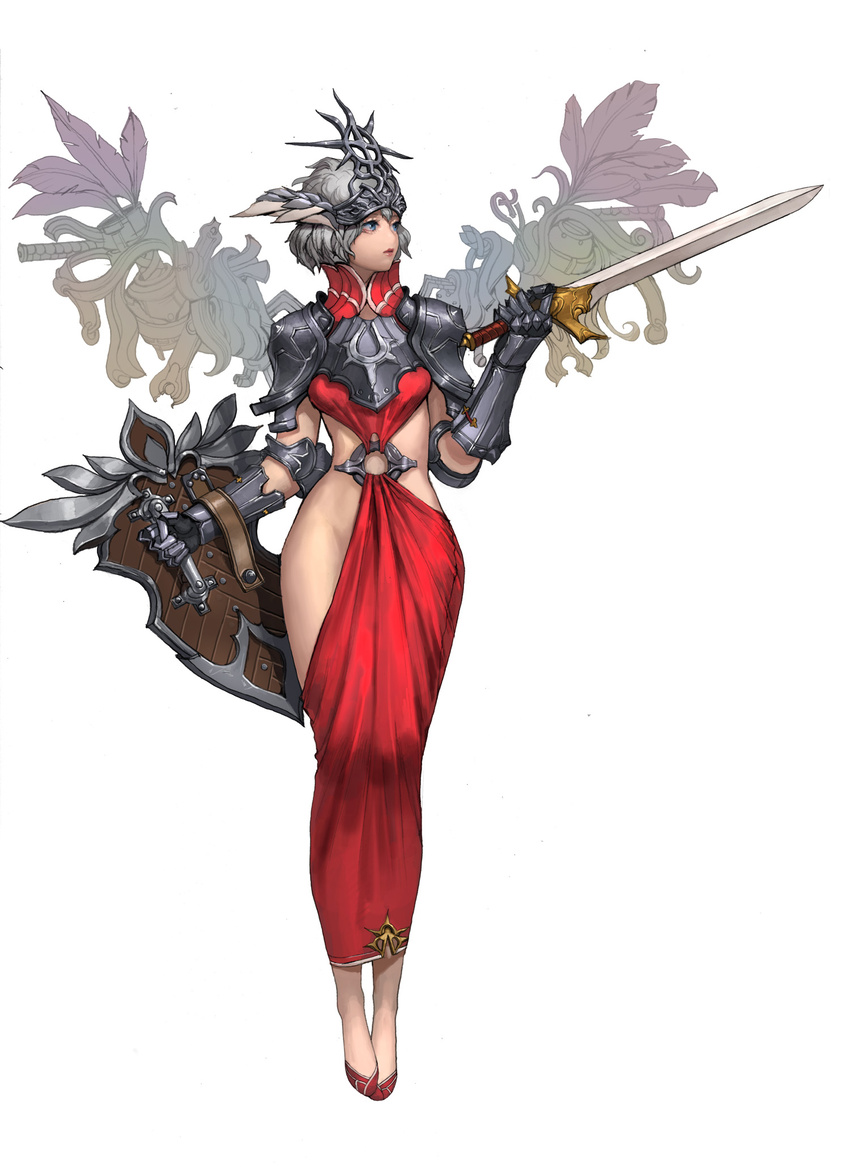 armor armored_dress asymmetrical_clothes blue_eyes breastplate circlet cowter dospi dress eyelashes full_body gauntlets grey_hair groin highres holding holding_shield holding_sword holding_weapon left-handed legs_together lips looking_away no_panties no_socks o-ring pauldrons red_dress revealing_clothes shield short_hair silver_hair simple_background slippers solo standing sword weapon white_background wings