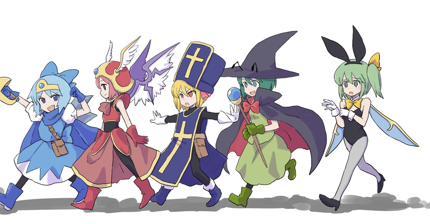 blonde_hair blue_eyes blue_hair blush cirno commentary_request daiyousei dragon_quest dragon_quest_iii fairy_wings gloves green_eyes green_hair hat helmet highres jack_(wkm74959) multiple_girls mystia_lorelei outstretched_arms purple_hair red_eyes rumia side_ponytail simple_background smile team_9 touhou white_background winged_helmet wings wriggle_nightbug