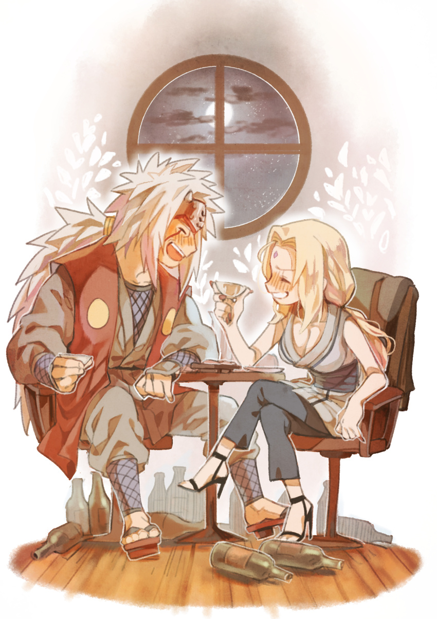 1girl alcohol blonde_hair blush bottle chair closed_eyes drinking drunk facial_mark forehead_mark forehead_protector highres jiraiya moon naruto naruto_(series) night sabaku_no_rakuda_(sanaku) sake sake_bottle sitting smile spiked_hair table tsunade white_background window